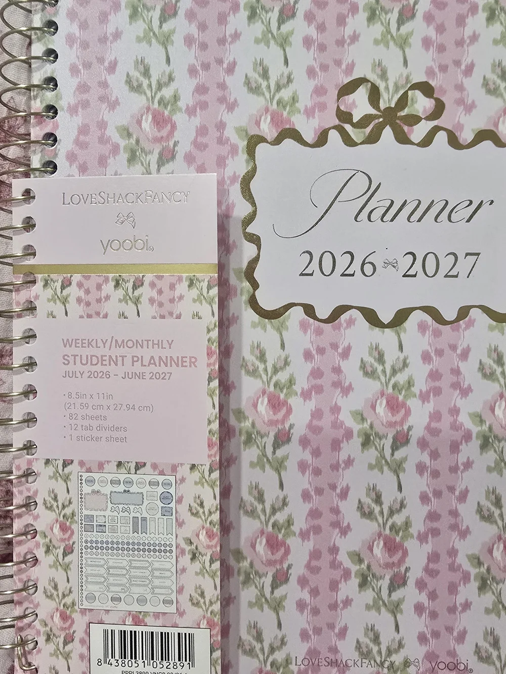 LoveShackFancy Pink and Gold Floral Spiral Planner 2026–2027